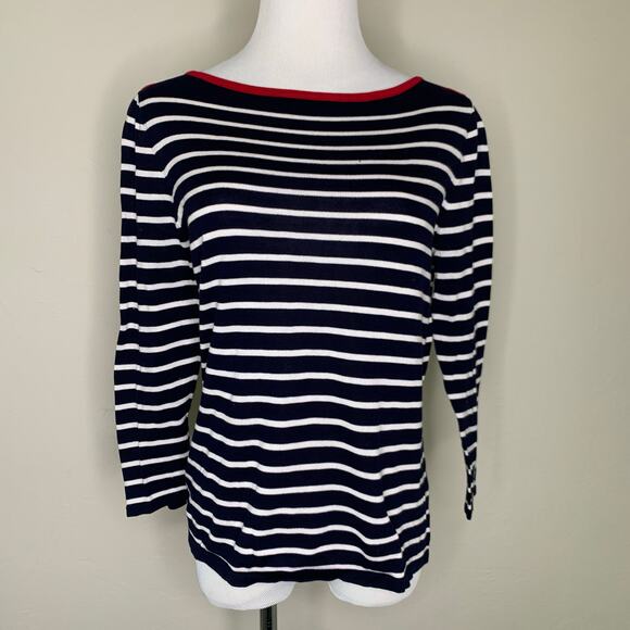 Lauren Ralph Lauren Striped Boat Neck Sweater Sz  Medium Preppy Cottage - Picture 1 of 8